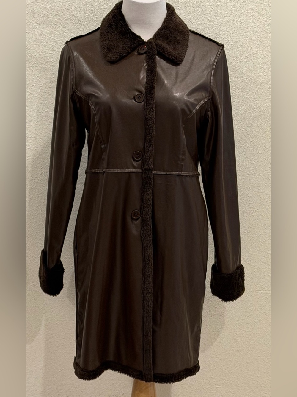 Outer Edge Y2K Brown Faux Leather Faux Fur Trim Trench Coat Large Jacket Grunge